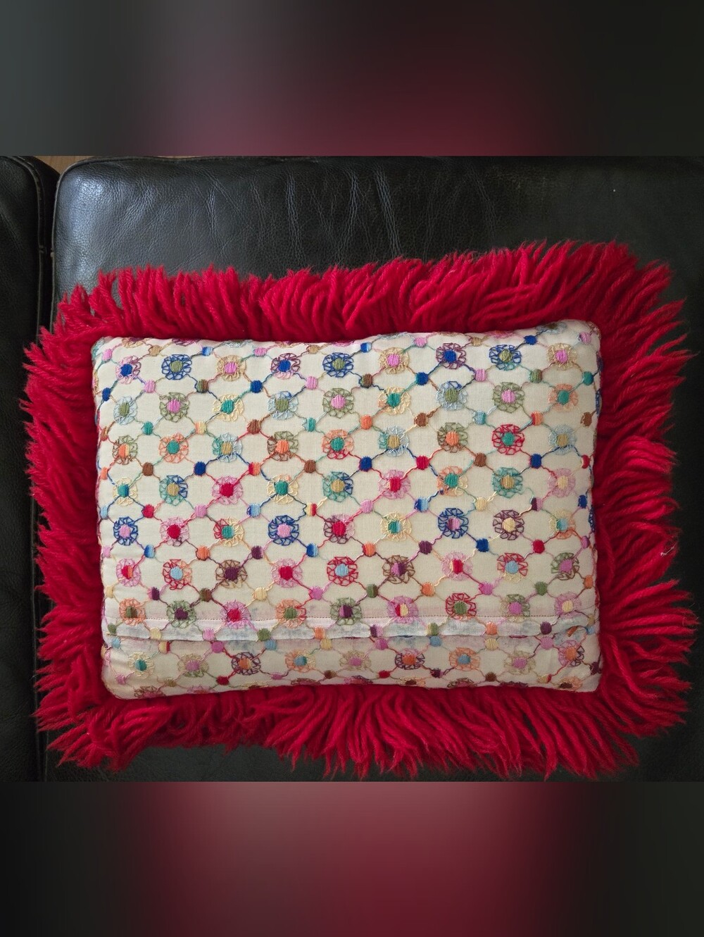 Vintage Embroidered Multicolor Decorative Throw Pillow with Red Fringe